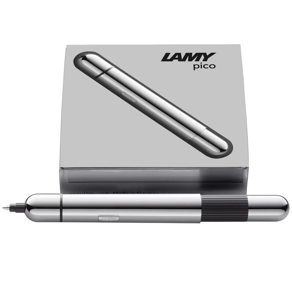 Innovative pocket pen full of transformative power.

The LAMY pico reaches unimagined greatness under pressure: the innovative pocket pen transforms into a full-size biro with just one finger movement thanks to an ingenious double push mechanism inside. Strikingly different and surprising, it brings a piece of innovation to even the smallest pencil case or even trouser pocket as a handy everyday companion.&nbsp;

Chrome finish&nbsp;with 1 refill of LAMY M 22 M black