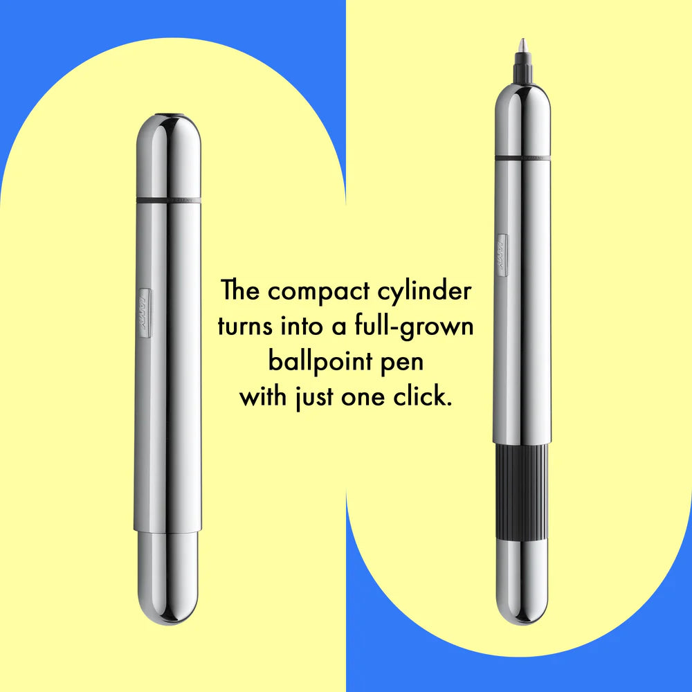 Innovative pocket pen full of transformative power.

The LAMY pico reaches unimagined greatness under pressure: the innovative pocket pen transforms into a full-size biro with just one finger movement thanks to an ingenious double push mechanism inside. Strikingly different and surprising, it brings a piece of innovation to even the smallest pencil case or even trouser pocket as a handy everyday companion.&nbsp;

Chrome finish&nbsp;with 1 refill of LAMY M 22 M black