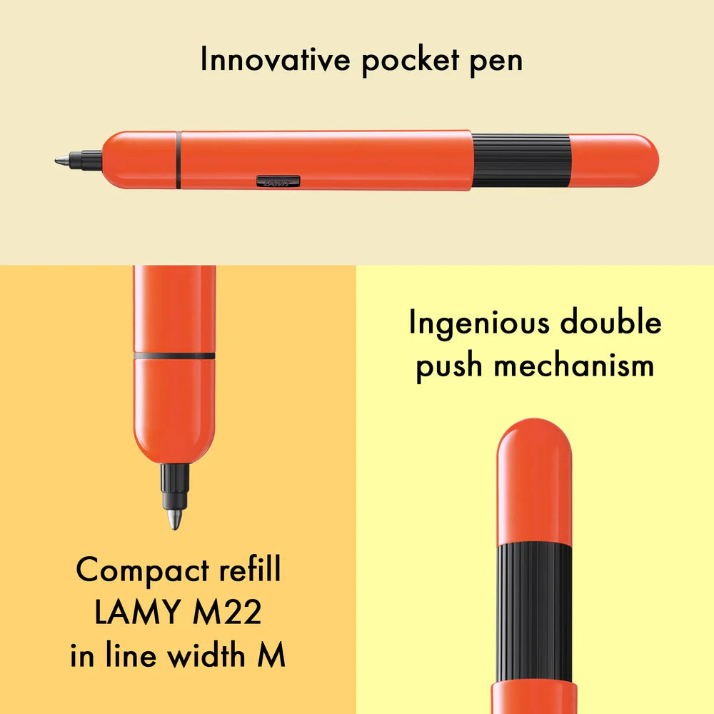 Innovative pocket pen full of transformative power.

The LAMY pico reaches unimagined greatness under pressure: the innovative pocket pen transforms into a full-size biro with just one finger movement thanks to an ingenious double push mechanism inside. Strikingly different and surprising, it brings a piece of innovation to even the smallest pencil case or even trouser pocket as a handy everyday companion.&nbsp;

&nbsp;Shiny neon orange lacquer finish with 1 refill of LAMY M 22 M black