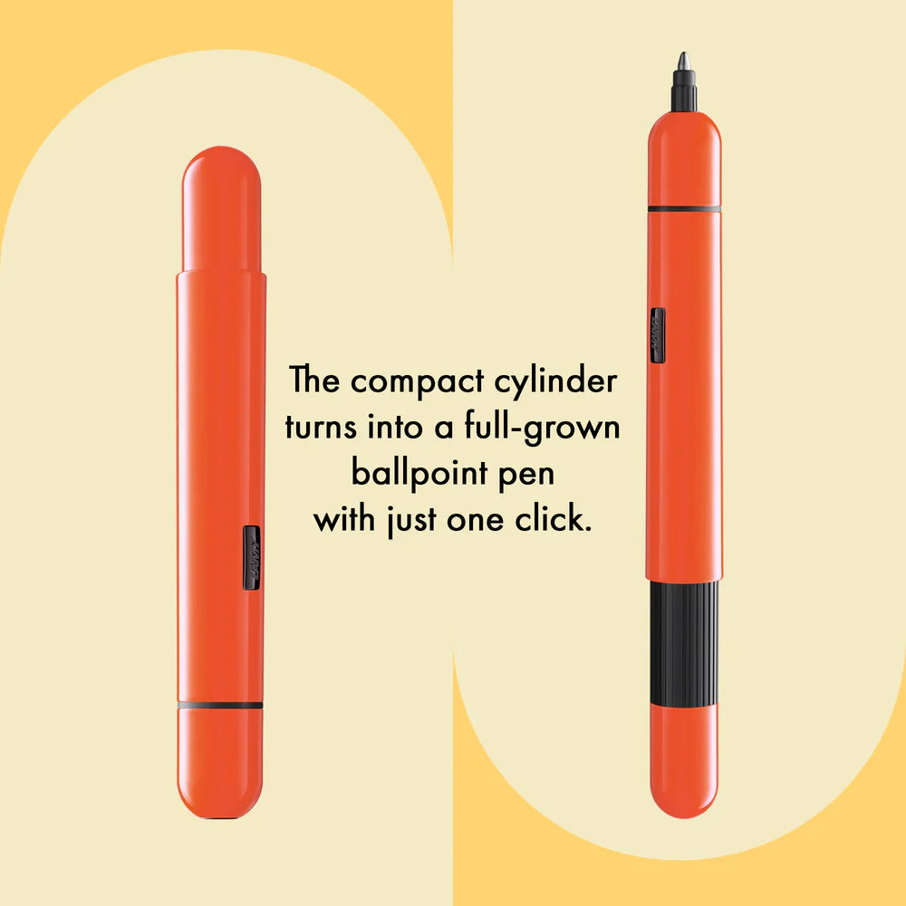 Innovative pocket pen full of transformative power.

The LAMY pico reaches unimagined greatness under pressure: the innovative pocket pen transforms into a full-size biro with just one finger movement thanks to an ingenious double push mechanism inside. Strikingly different and surprising, it brings a piece of innovation to even the smallest pencil case or even trouser pocket as a handy everyday companion.&nbsp;

&nbsp;Shiny neon orange lacquer finish with 1 refill of LAMY M 22 M black
