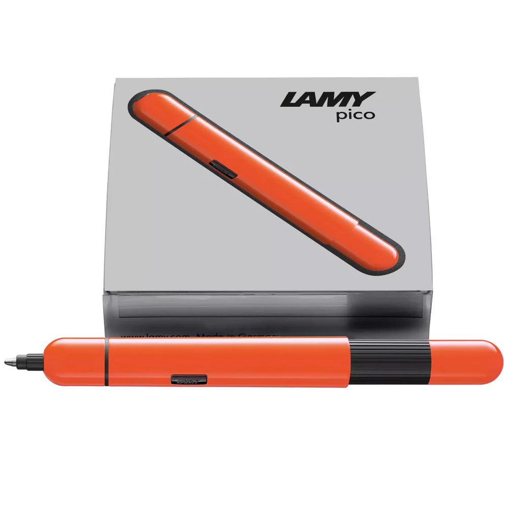 Innovative pocket pen full of transformative power.

The LAMY pico reaches unimagined greatness under pressure: the innovative pocket pen transforms into a full-size biro with just one finger movement thanks to an ingenious double push mechanism inside. Strikingly different and surprising, it brings a piece of innovation to even the smallest pencil case or even trouser pocket as a handy everyday companion.&nbsp;

&nbsp;Shiny neon orange lacquer finish with 1 refill of LAMY M 22 M black
