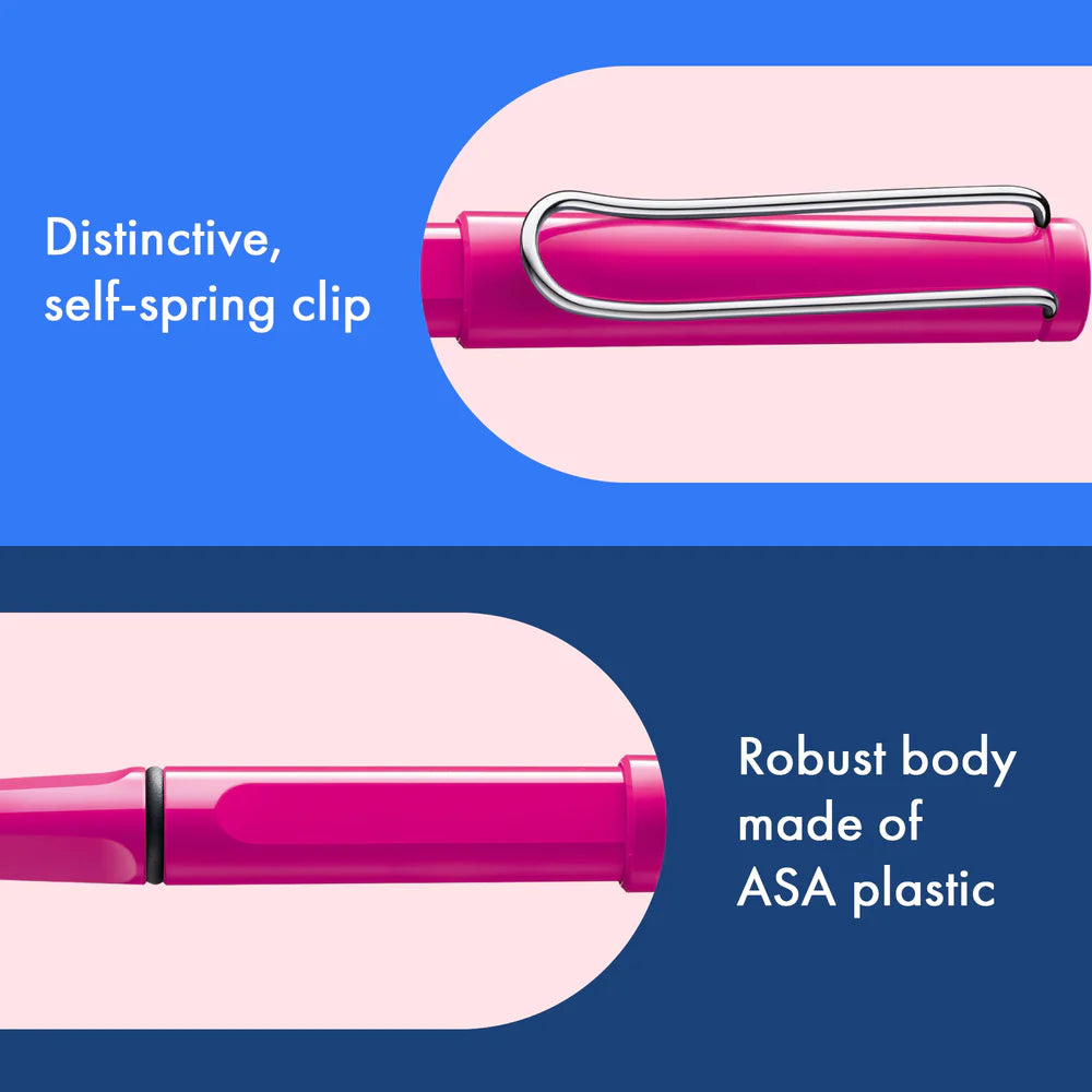 Fountain pen, icon, global success: the LAMY safari has been a beloved classic since its introduction in the 1980s and enjoys a cult status untypical for a writing instrument. Countless colours and ever-changing special editions make hearts beat faster - whether for the pencil case or the carefully curated fountain pen collection.

The LAMY safari is more than the sum of its details: it is aesthetic, robust and individual. The distinctive, self-sprung clip keeps the writing instrument securely fastened in p