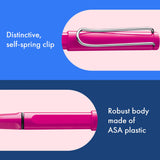 Fountain pen, icon, global success: the LAMY safari has been a beloved classic since its introduction in the 1980s and enjoys a cult status untypical for a writing instrument. Countless colours and ever-changing special editions make hearts beat faster - whether for the pencil case or the carefully curated fountain pen collection.

The LAMY safari is more than the sum of its details: it is aesthetic, robust and individual. The distinctive, self-sprung clip keeps the writing instrument securely fastened in p