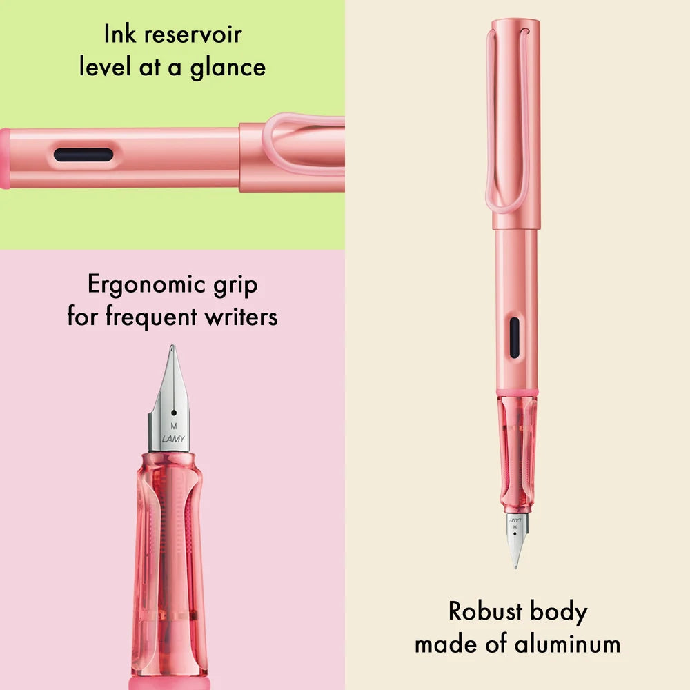 LAMY Special Edition AL-Star Fountain Pen - Flamingo

Light, lighter, LAMY AL-star: the writing classic made of resistant aluminium masters all challenges of everyday life in style. The transparent grip lies comfortably in the hand and, with an unobstructed view of the ink duct, turns the functional into a visual highlight. The series is ever inspiring with new special editions in current trendy colours and is thus an inspiring must-have in any pencil case.

Lightweight fountain pen with polished steel nib 