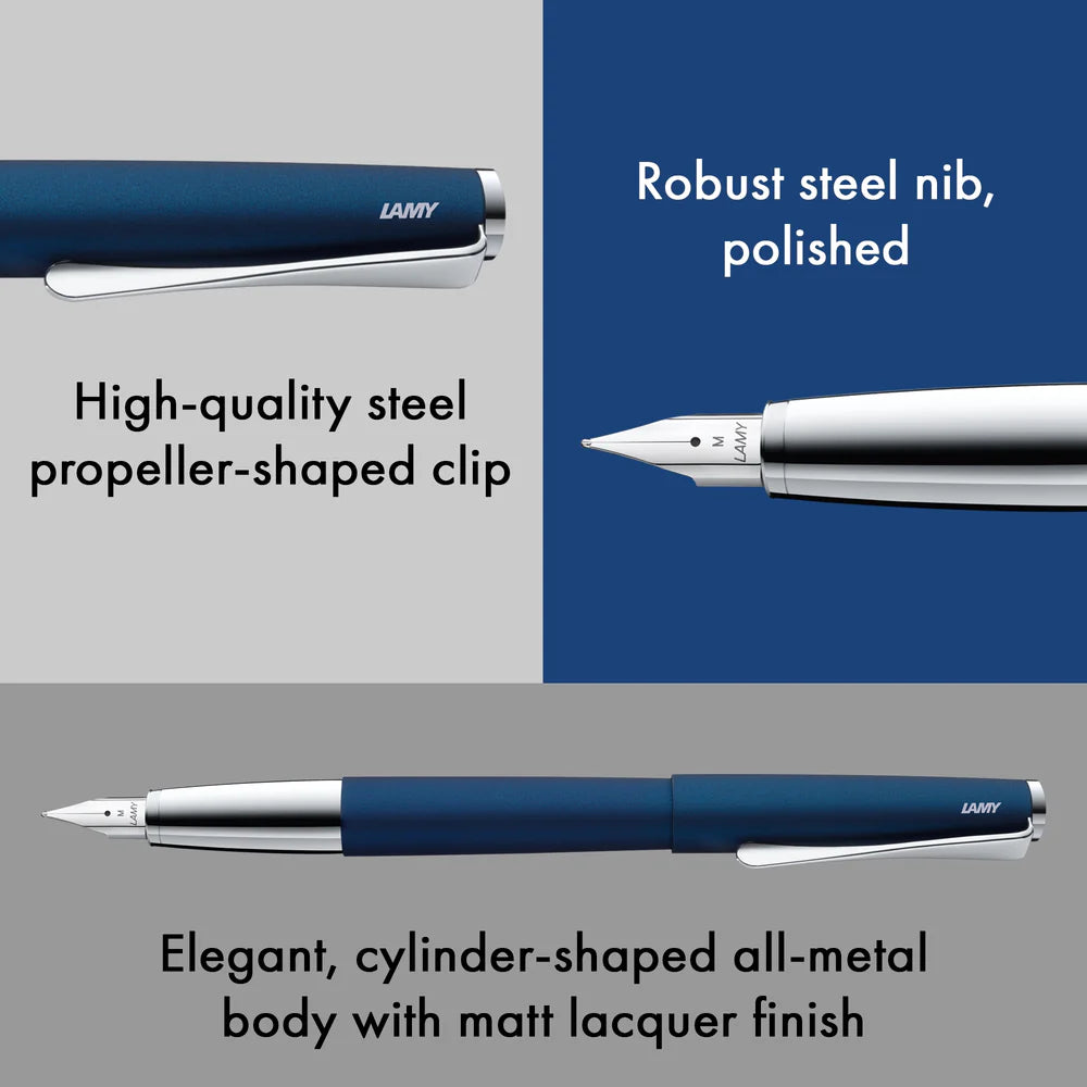 The LAMY studio convinces with timeless elegance and a universal design. The slightly curved, slim shape of its all-metal body seamlessly emerges from the individual case parts and is deliberately minimalist. The gentle curvature and harmonious proportions make the clip the trademark of the LAMY studio: it contrasts the matter-of-fact basic shape with an innovative design accent and creates a unique overall appearance.

The LAMY studio is assembled by hand at the LAMY craftsman's workshop in Heidelberg. In 