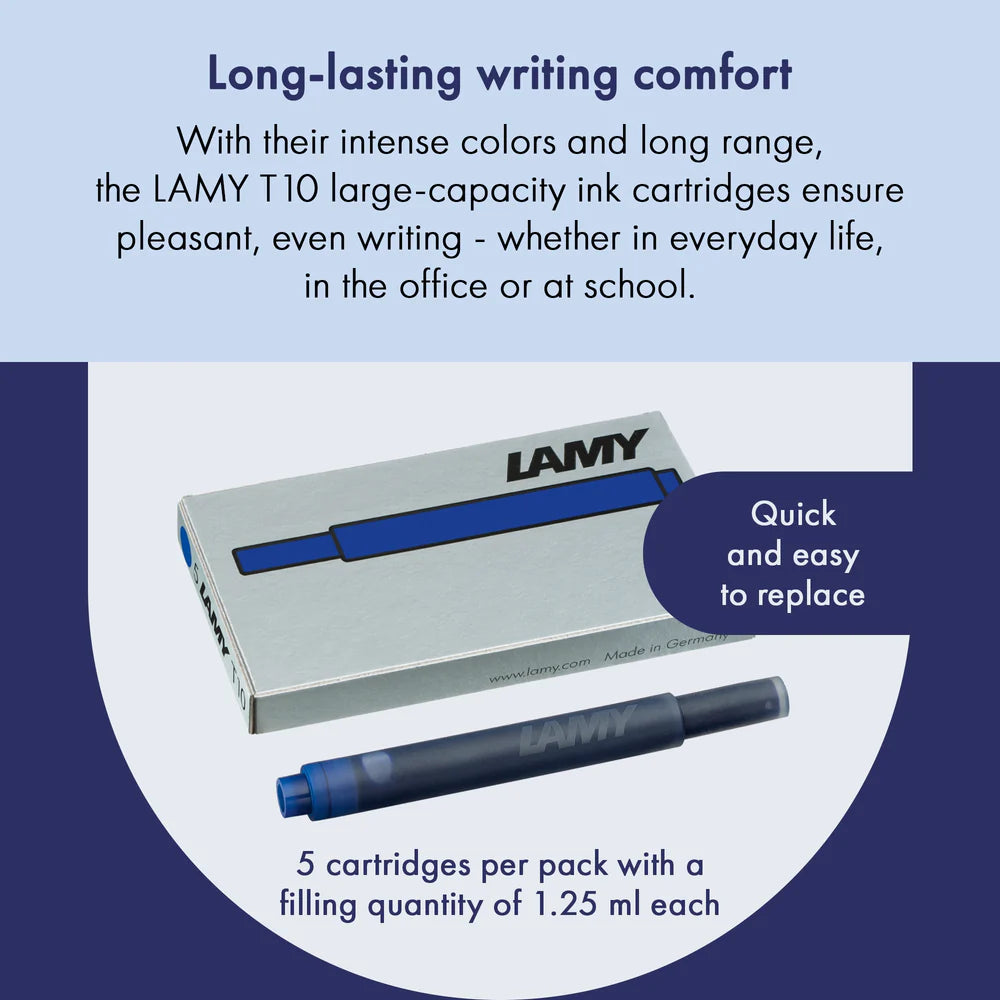 With their intense colors and long range, the LAMY T10 large capacity ink cartridges ensure pleasant, even writing - whether in everyday life, in the office, or at school. The ink cartridges offer an even flow and provide a smooth, precise writing experience for stylish writing without scratches. These ink cartridges fit all Lamy fountain pens, except the LAMY 2000.

Includes 5 cartridges with a 1.25ml capacity in each pack.
