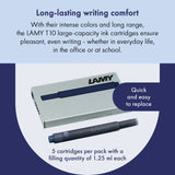 With their intense colors and long range, the LAMY T10 large capacity ink cartridges ensure pleasant, even writing - whether in everyday life, in the office, or at school. The ink cartridges offer an even flow and provide a smooth, precise writing experience for stylish writing without scratches. These ink cartridges fit all Lamy fountain pens, except the LAMY 2000.

Includes 5 cartridges with a 1.25ml capacity in each pack.