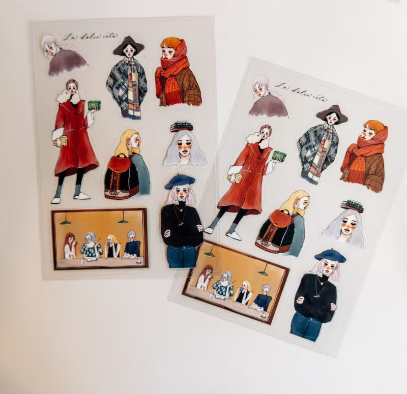 It is suitable for decorating small grids in pocketbooks or calendars, and is the size of postcards and letter paper. The texture of Japanese paper is warm and moist. It is recommended for those who like warmth.

Thin and slightly transparent material. Small cut-out stickers that can be pasted after tearing off. Small cut-out stickers that can be peeled off and pasted. Transparent packaging, A5 size.

2 duplicated sticker sheets .