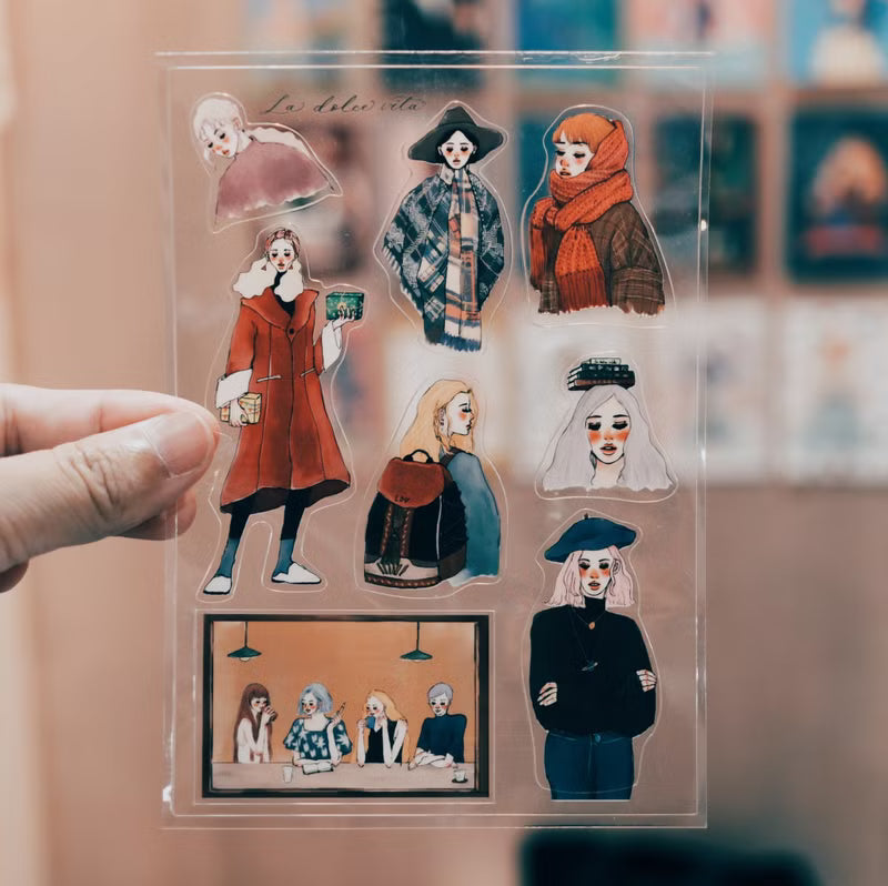 It is suitable for decorating small grids in pocketbooks or calendars, and is the size of postcards and letter paper. The texture of Japanese paper is warm and moist. It is recommended for those who like warmth.

Thin and slightly transparent material. Small cut-out stickers that can be pasted after tearing off. Small cut-out stickers that can be peeled off and pasted. Transparent packaging, A5 size.

2 duplicated sticker sheets .