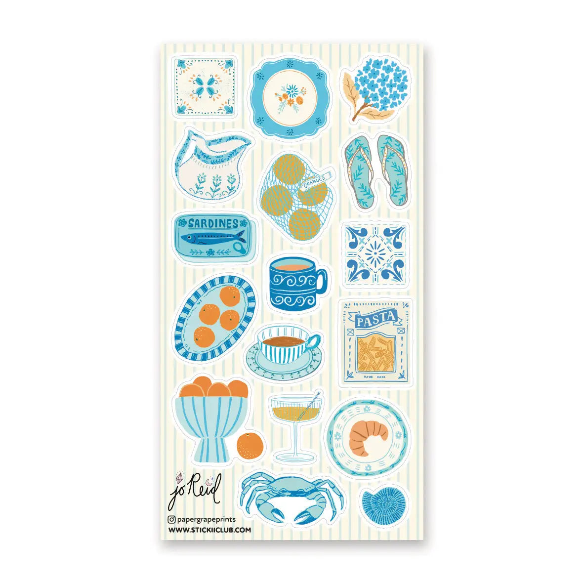 🩴🍊 @papergrapeprints is serving up a sun-soaked spread of seaside favorites, and we’ll take one of everything! Bright oranges, sardines, pasta, pretty ceramics, hydrangeas, and that perfect blue crab come together in a dreamy mix of coastal color and vacation-day charm. Add flip-flops, something cold to sip, and absolutely zero plans. Art by: @papergrapeprints

Top Coating: None
Adhesive Layer: Paper
Backing Layer: Clear PET
6.69" x 3.54".
Weight - 0.03lbs
1 sheet included