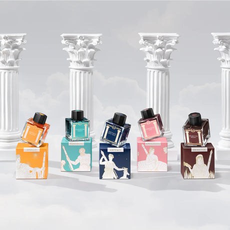 Immerse your writing in mythic beauty with Laban’s Greek Mythology fountain pen inks. Each 50ml bottle is inspired by the gods of Olympus, with packaging featuring beautifully illustrated deities holding pens.

There are two collections—Greek Mythology I and II—each with five richly saturated, pH-neutral, and fountain pen-friendly colors

Series I: Apollo Orange, Artemis Navy, Aphrodite Pink, Demeter Brown, Poseidon Green Series II: Ares Red, Hermes Sky-Blue, Athena Gray, Hera Dark-Green, Zeus Purple

Each 