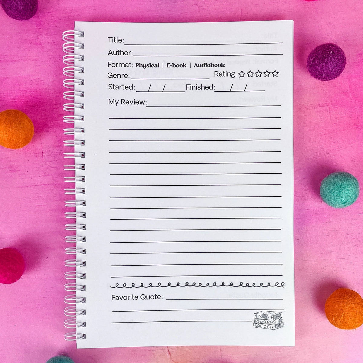 Keep track of your book reviews with this cute book review journal. There are 100 pages for different book reviews. Each review page includes the Title, Author, Start and Finish Dates, Star Rating, Favorite Quote area and your Review!&nbsp;

*DETAILS*

Size: 6x9"

Paper: 80lb interior paper

Wire coil binding

Gloss laminate cover