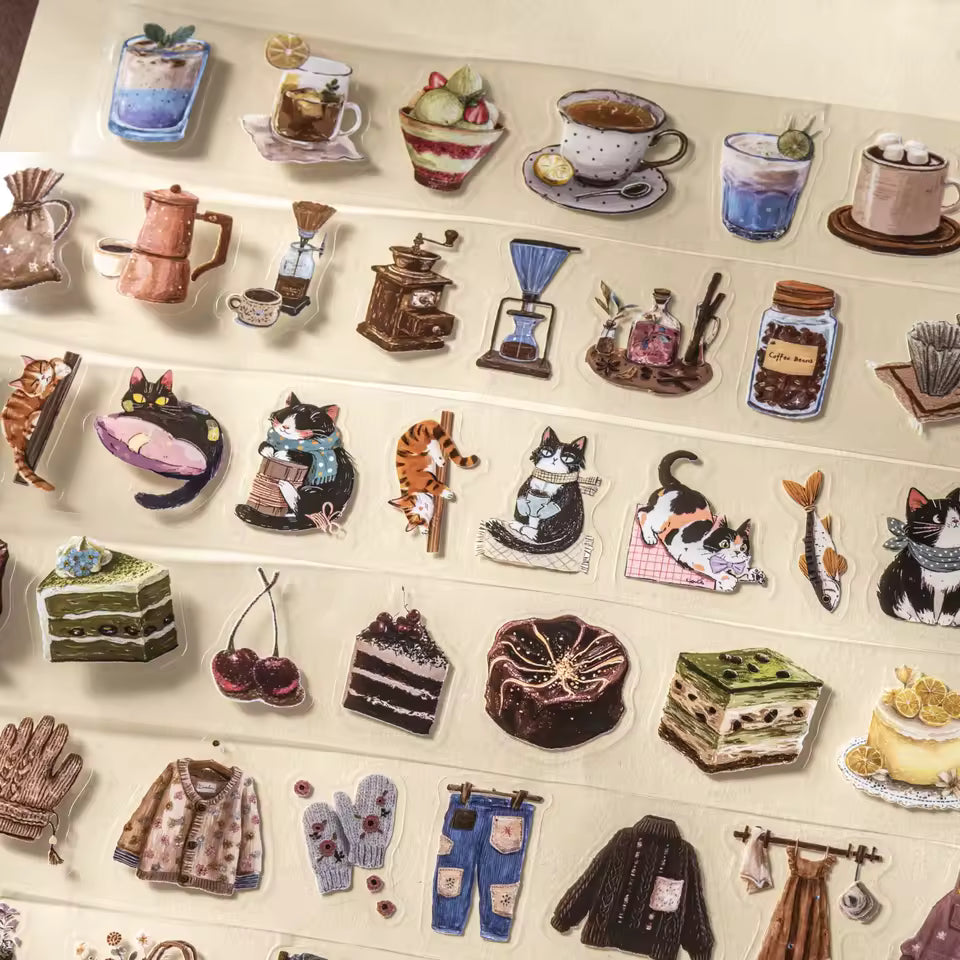 Sit back and relax with the finer things in life with these adorable PET tapes. Each tape represents a different area of leisure from coffee, cats, clothing, and desserts. These tapes are perfect for journaling, making cards and gift tags, and more.&nbsp;

Kiss Cut
Includes 1 roll of PET tape