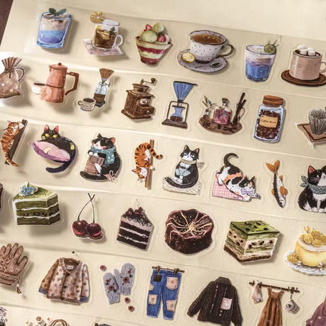 Sit back and relax with the finer things in life with these adorable PET tapes. Each tape represents a different area of leisure from coffee, cats, clothing, and desserts. These tapes are perfect for journaling, making cards and gift tags, and more.&nbsp;

Kiss Cut
Includes 1 roll of PET tape