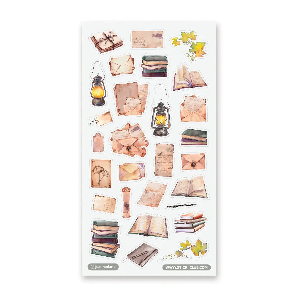 📜🕯️ A stack of letters waits to be opened in @jeannadano’s vintage-inspired stationery set. Weathered envelopes, handwritten notes, and well-loved books, all gathered together as if for a quiet evening of reading and reflection. With delicate paper textures and warm, timeworn tones, this charming set captures the feeling of sunlight on antique paper. Art by: @jeannadano

Top Coating: None
Adhesive Layer: Paper
Backing Layer: Paper
6.69" x 3.54".
Weight - 0.03lbs.
1 sheet included &nbsp; &nbsp;