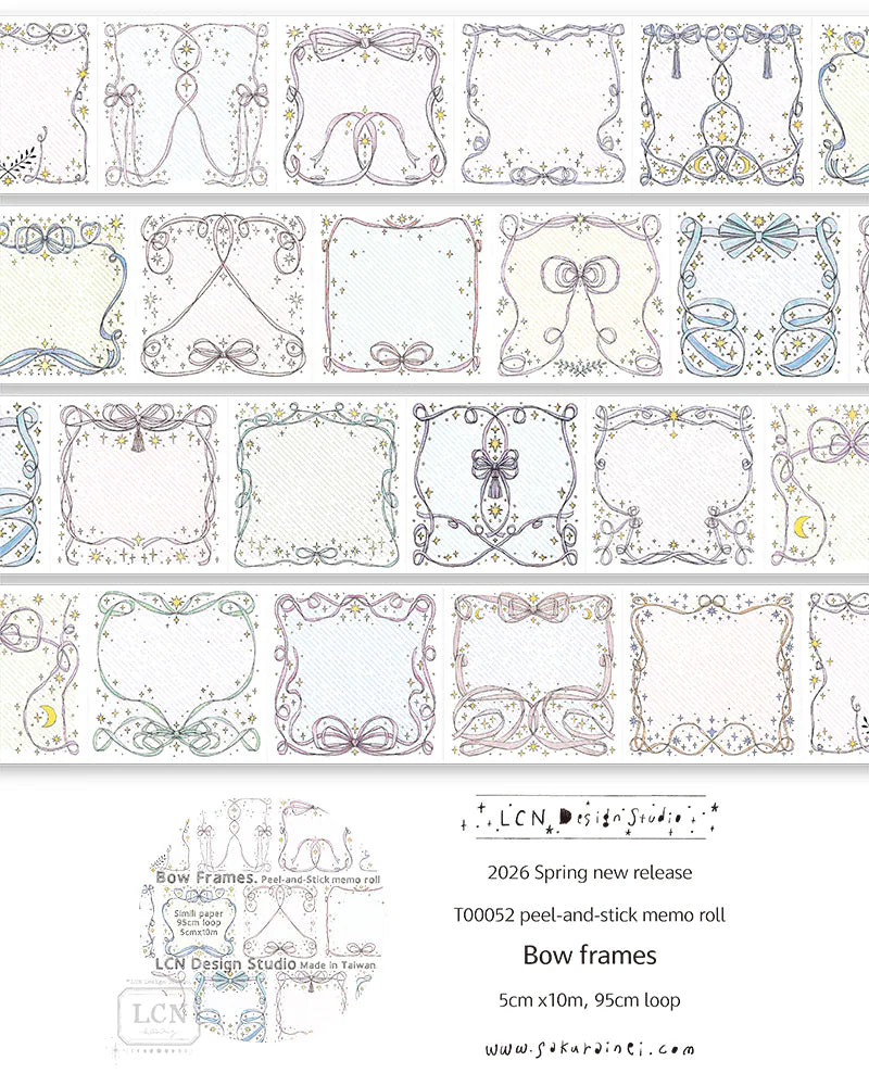 Lin Chia Ning Memo Sticker Roll - Bow Frames

A whimsical peel‑and‑stick memo roll featuring delicate bow‑themed frames.&nbsp;

Size: 5cm x 10M&nbsp;
Loop: 95 cm&nbsp;
Simili paper