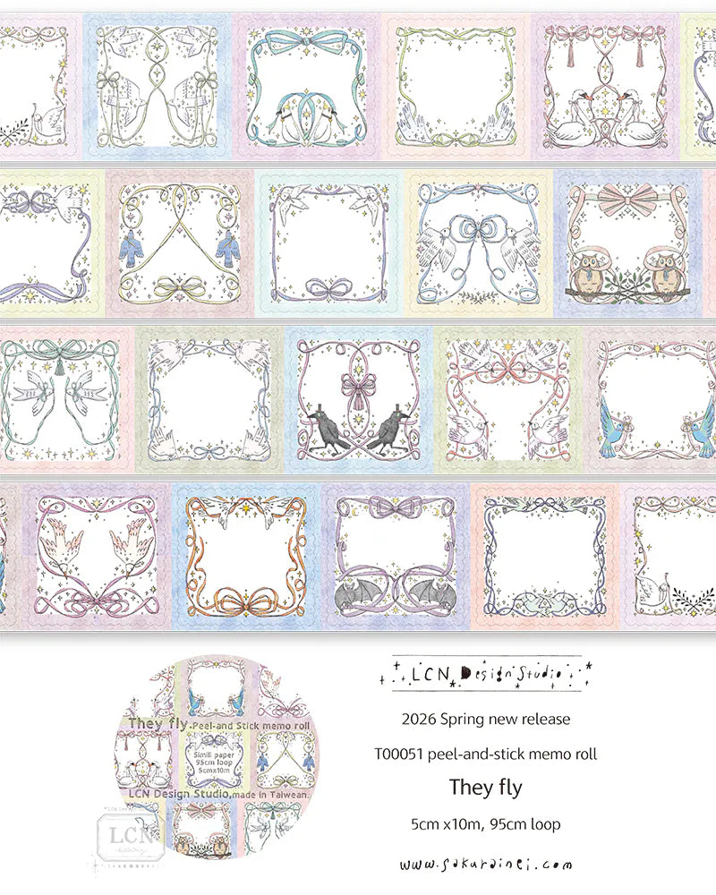Lin Chia Ning Memo Sticker Roll - They Fly

A whimsical peel‑and‑stick memo roll featuring delicate flying creatures and bow‑themed frames.

Size: 5cm*10M&nbsp;
Loop: 95 cm&nbsp;
Simili paper