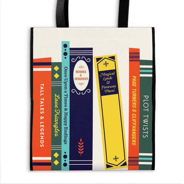 The Literary Tales Reusable Tote from Galison features a whimsical illustration of colorful book spines. This tote is a great low-price alternative to single-use plastic bags.