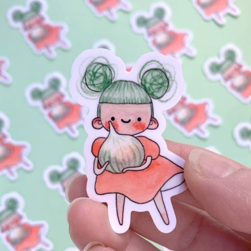 "Little Red Onion Buns" Garlic Girl Vinyl Sticker made from Hannakin illustration.