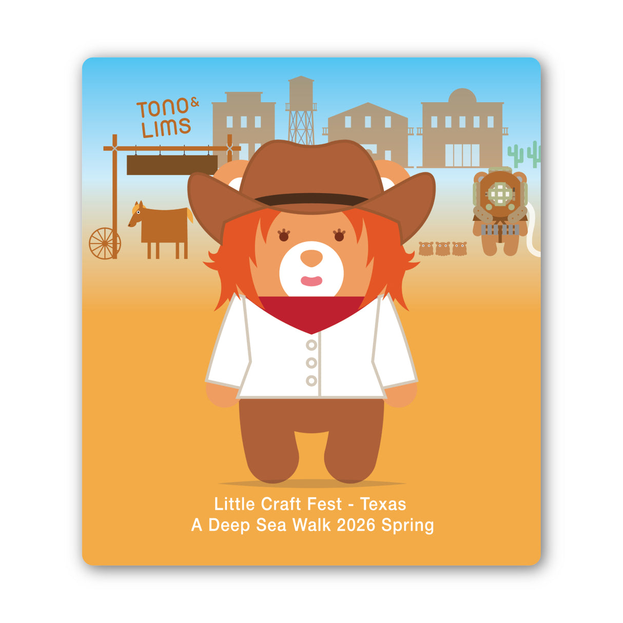 Meet our Tono & Lims Bear — Lil Cowgirl Poppy (LCP). Made exclusively for Deep Sea Walk in Texas at Little Craft Fest, she’s ready to bring a little yee‑haw charm to your day. Printed on durable vinyl, this sticker is waterproof, long‑lasting, and perfect for decorating your favorite everyday items.

Stick her on your water bottle, laptop, bike, car, thermos, planner, or anywhere that needs a touch of cowgirl spirit. LCP is here to brighten your gear and ride along on all your adventures.