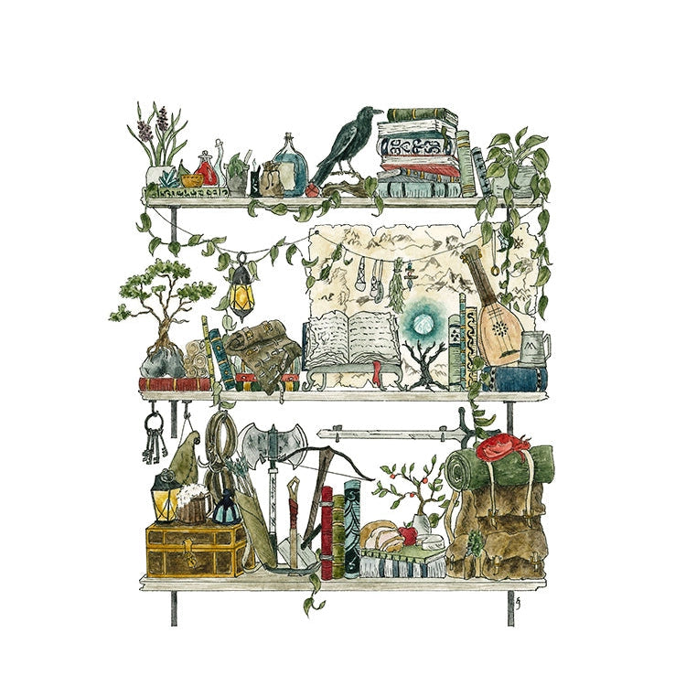 Postcard featuring my original watercolor and ink illustration of the oddities and books tucked away in the shelves of an intrepid adventurer, including a tiny dragon and a rather talkative raven.

• Printed on high quality card stock
• Each postcard measures 4.25 x 5.5" (A2)