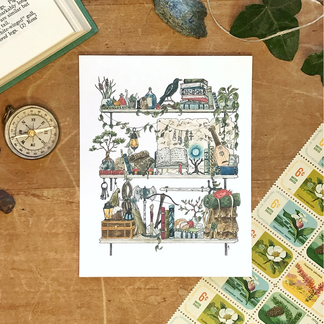 Postcard featuring my original watercolor and ink illustration of the oddities and books tucked away in the shelves of an intrepid adventurer, including a tiny dragon and a rather talkative raven.

• Printed on high quality card stock
• Each postcard measures 4.25 x 5.5" (A2)