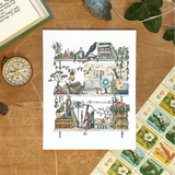 Postcard featuring my original watercolor and ink illustration of the oddities and books tucked away in the shelves of an intrepid adventurer, including a tiny dragon and a rather talkative raven.

• Printed on high quality card stock
• Each postcard measures 4.25 x 5.5" (A2)