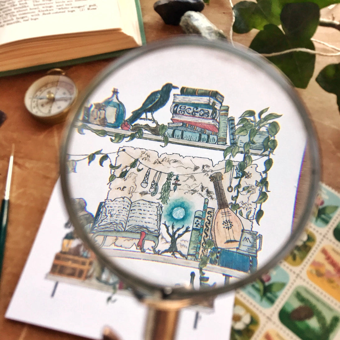 Postcard featuring my original watercolor and ink illustration of the oddities and books tucked away in the shelves of an intrepid adventurer, including a tiny dragon and a rather talkative raven.

• Printed on high quality card stock
• Each postcard measures 4.25 x 5.5" (A2)