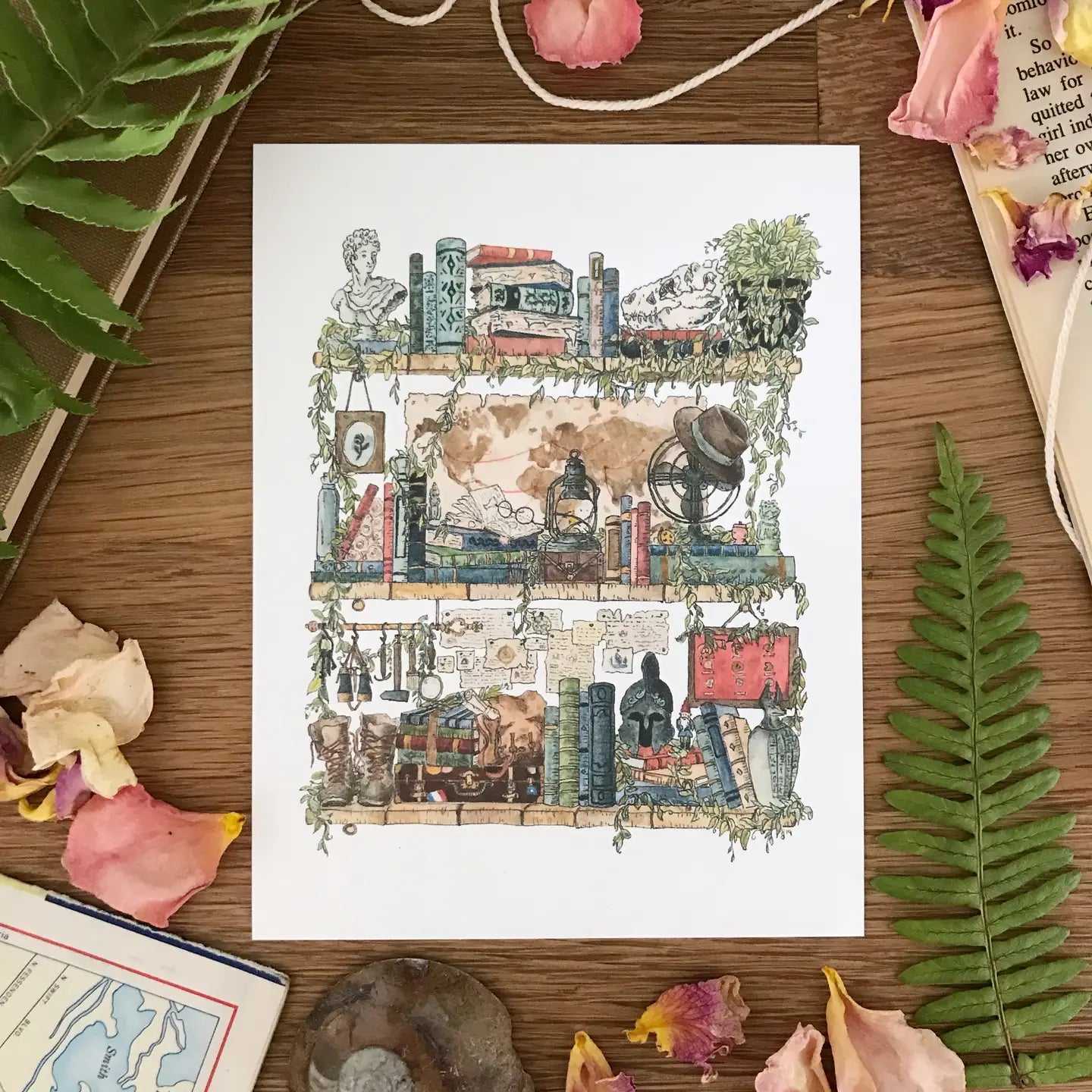 Postcard featuring my original watercolor and ink illustration of the vintage oddities and books tucked away in the shelves of an archaeologist, including a tiny lawn gnome! This painting was inspired by some of my favorite childhood movies, including Indiana Jones, the Mummy, and Jurassic Park.

• Printed on high quality card stock
• Each postcard measures 4.25 x 5.5" (A2)