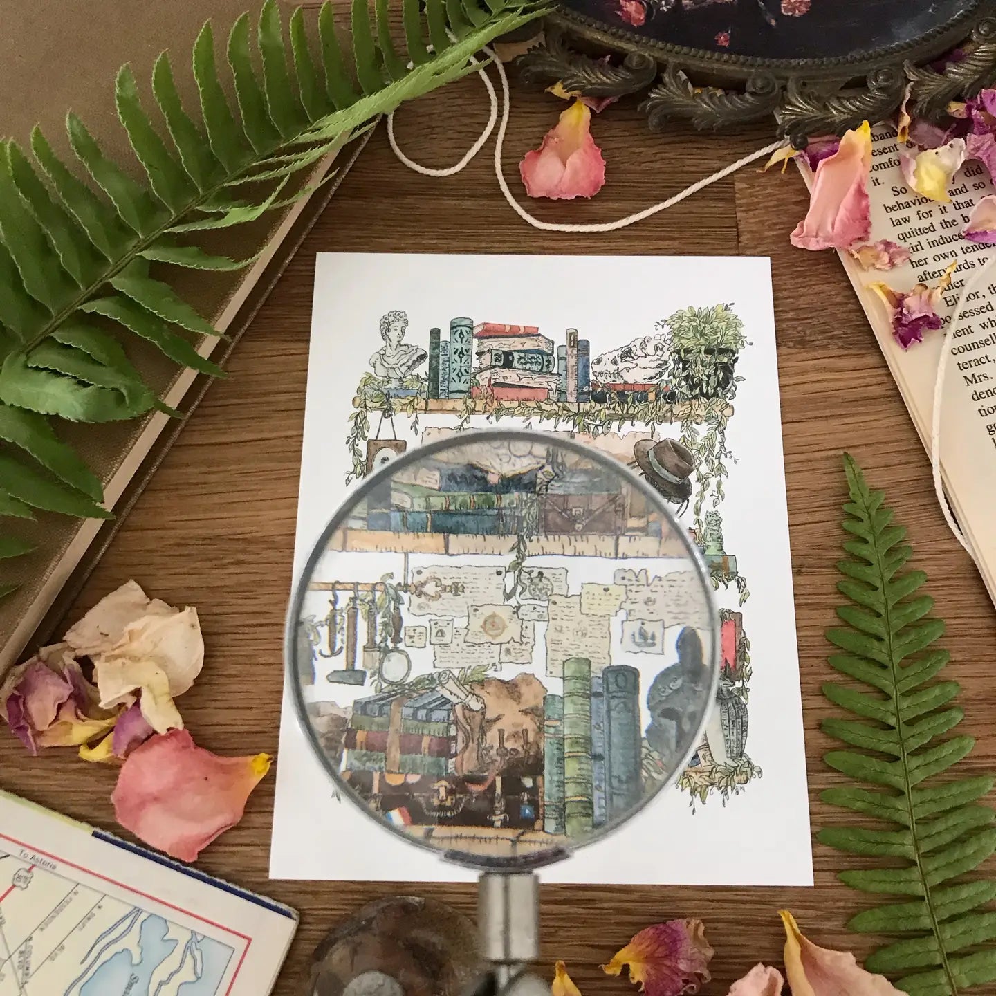 Postcard featuring my original watercolor and ink illustration of the vintage oddities and books tucked away in the shelves of an archaeologist, including a tiny lawn gnome! This painting was inspired by some of my favorite childhood movies, including Indiana Jones, the Mummy, and Jurassic Park.

• Printed on high quality card stock
• Each postcard measures 4.25 x 5.5" (A2)