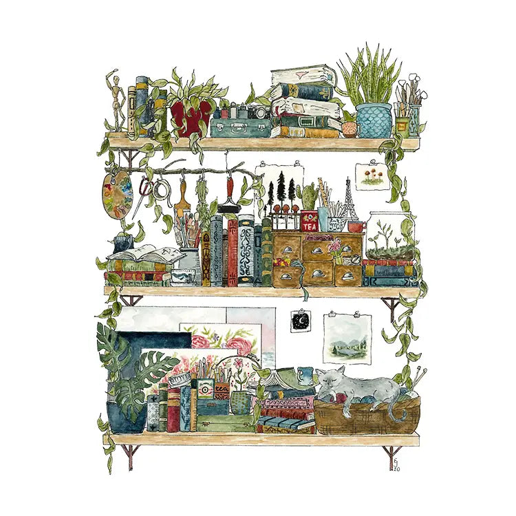 Postcard featuring my original watercolor and ink illustration of the oddities and books tucked away in the shelves of an artist.

• Printed on high quality card stock
• Each postcard measures 4.25 x 5.5" (A2)