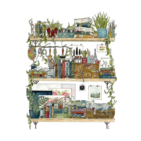 Postcard featuring my original watercolor and ink illustration of the oddities and books tucked away in the shelves of an artist.

• Printed on high quality card stock
• Each postcard measures 4.25 x 5.5" (A2)