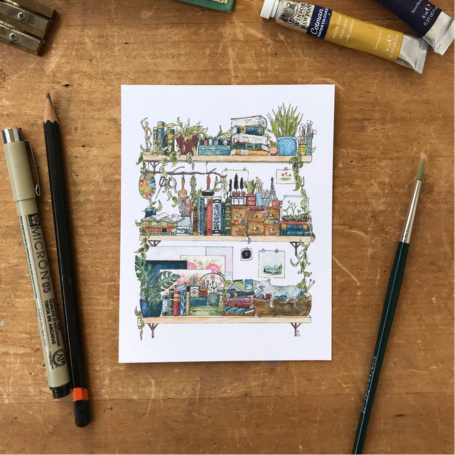 Postcard featuring my original watercolor and ink illustration of the oddities and books tucked away in the shelves of an artist.

• Printed on high quality card stock
• Each postcard measures 4.25 x 5.5" (A2)