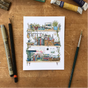 Postcard featuring my original watercolor and ink illustration of the oddities and books tucked away in the shelves of an artist.

• Printed on high quality card stock
• Each postcard measures 4.25 x 5.5" (A2)