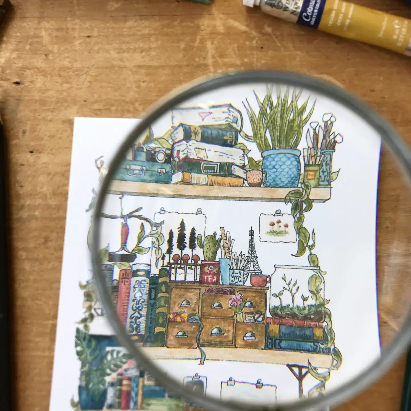 Postcard featuring my original watercolor and ink illustration of the oddities and books tucked away in the shelves of an artist.

• Printed on high quality card stock
• Each postcard measures 4.25 x 5.5" (A2)