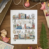 Postcard featuring my original watercolor and ink illustration of the vintage oddities and books tucked away in the shelves of a biologist. A goldfish, canaries, a vintage radio, and pictures of Sasquatch and Nessie are just a few of the details you'll find hidden in this painting!

• Printed on high quality card stock
• Each postcard measures 4.25 x 5.5" (A2)