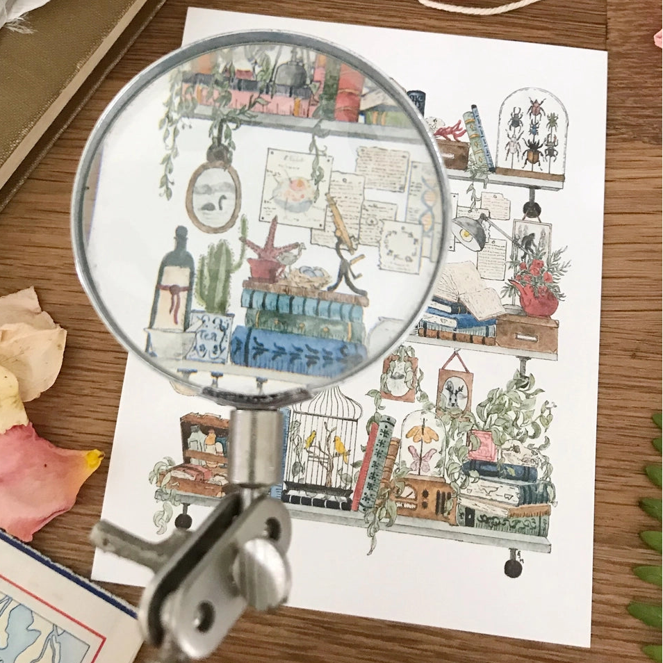 Postcard featuring my original watercolor and ink illustration of the vintage oddities and books tucked away in the shelves of a biologist. A goldfish, canaries, a vintage radio, and pictures of Sasquatch and Nessie are just a few of the details you'll find hidden in this painting!

• Printed on high quality card stock
• Each postcard measures 4.25 x 5.5" (A2)