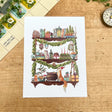 Postcard featuring my original watercolor and ink illustration of the magical foxes and delightfully whimsical holiday items arranged on the shelves of a Christmas witch, including a tiny mouse reading a book, beautifully wrapped presents, and portraits of the witch's friends.

• Printed on high quality card stock
• Each postcard measures 4.25 x 5.5" (A2)