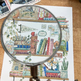 Postcard featuring my original watercolor and ink illustration of the vintage oddities, books, tools, and acorns tucked away in the shelves of a park ranger, including an inquisitive raccoon.