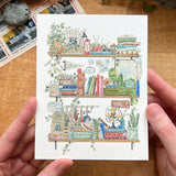 Postcard featuring my original watercolor and ink illustration of the vintage oddities, books, tools, and acorns tucked away in the shelves of a park ranger, including an inquisitive raccoon.