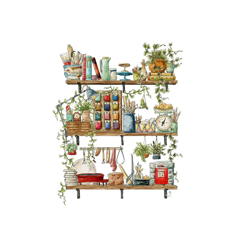 Postcard featuring my original watercolor and ink illustration of the vintage oddities and books tucked away in the shelves of a potter, including glaze test tiles, a tiny kiln, and a bowl of sponges.