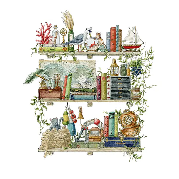 Postcard featuring my original watercolor and ink illustration of the oddities, books, and tools tucked away in the shelves of a vintage sailor, including an inquisitive seagull in a captain’s hat, a diving helmet, and a message in a bottle.

• Printed on high quality card stock
• Each postcard measures 4.25 x 5.5" (A2)