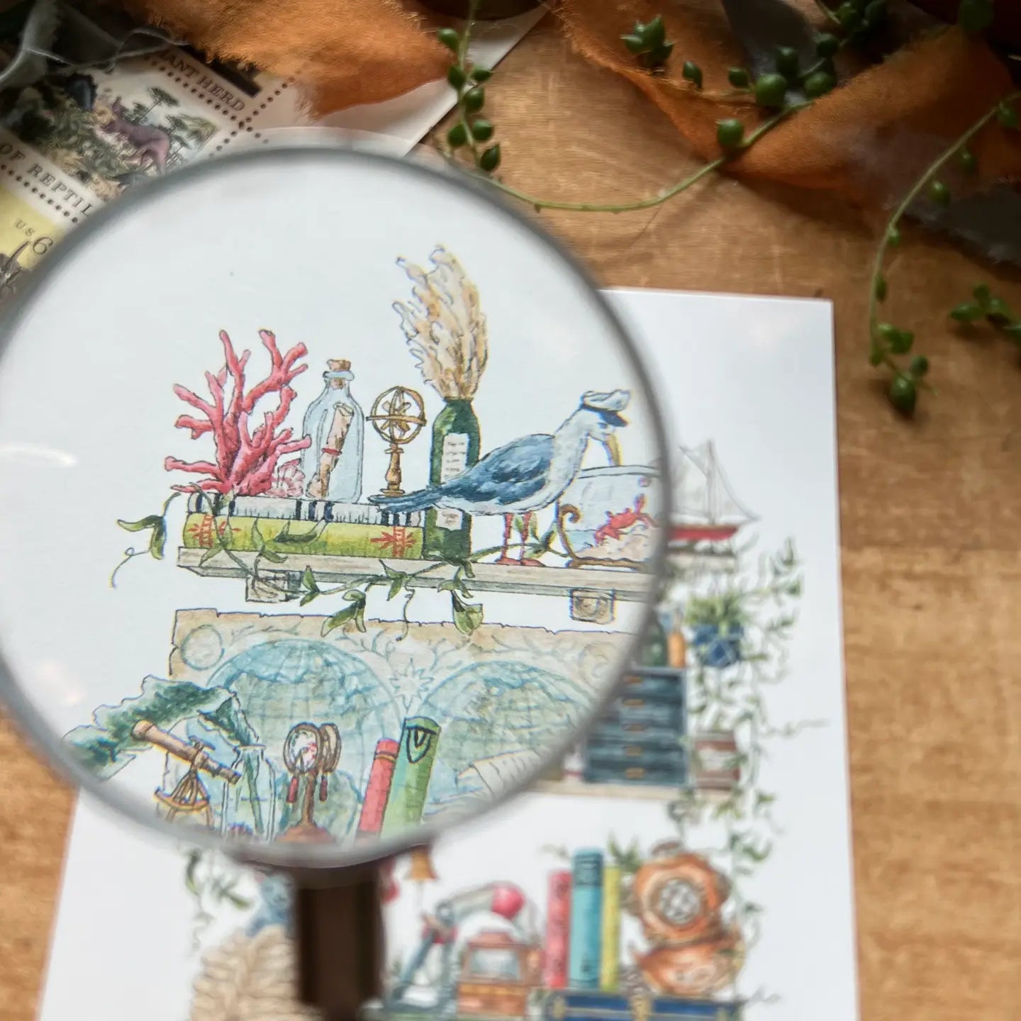 Postcard featuring my original watercolor and ink illustration of the oddities, books, and tools tucked away in the shelves of a vintage sailor, including an inquisitive seagull in a captain’s hat, a diving helmet, and a message in a bottle.

• Printed on high quality card stock
• Each postcard measures 4.25 x 5.5" (A2)