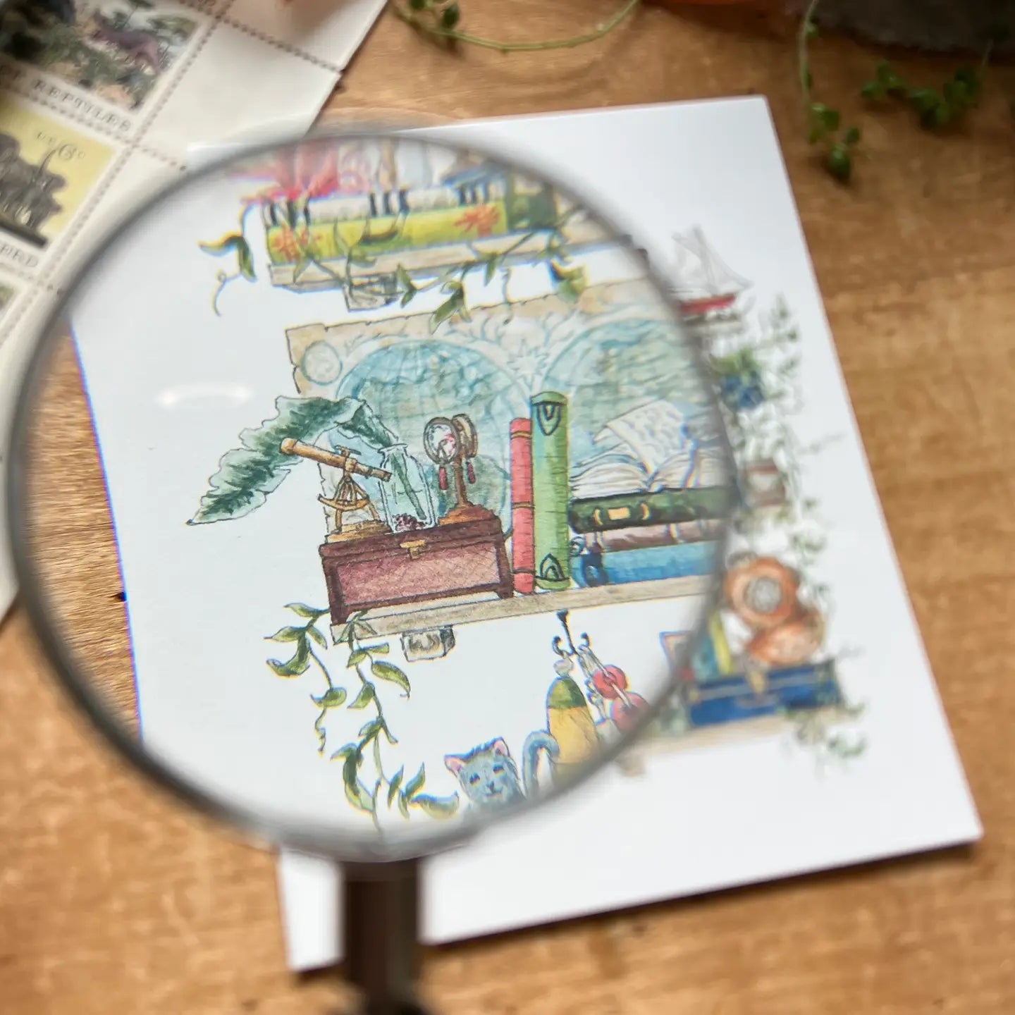 Postcard featuring my original watercolor and ink illustration of the oddities, books, and tools tucked away in the shelves of a vintage sailor, including an inquisitive seagull in a captain’s hat, a diving helmet, and a message in a bottle.

• Printed on high quality card stock
• Each postcard measures 4.25 x 5.5" (A2)