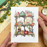 Postcard featuring my original watercolor and ink illustration of the various enchanted items collected by a storybook witch as she travels throughout all your favorite fairytales, including a charming castle, a glass-encased rose, and a brightly colored dragon, all nestled on stone shelves that evoke mysterious castle corridors covered in rose vines.