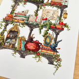 Postcard featuring my original watercolor and ink illustration of the various enchanted items collected by a storybook witch as she travels throughout all your favorite fairytales, including a charming castle, a glass-encased rose, and a brightly colored dragon, all nestled on stone shelves that evoke mysterious castle corridors covered in rose vines.