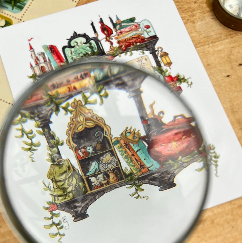 Postcard featuring my original watercolor and ink illustration of the various enchanted items collected by a storybook witch as she travels throughout all your favorite fairytales, including a charming castle, a glass-encased rose, and a brightly colored dragon, all nestled on stone shelves that evoke mysterious castle corridors covered in rose vines.