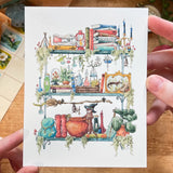 Postcard featuring my original watercolor and ink illustration of the oddities, books, tools, and trinkets tucked away in the shelves of a swamp witch, including an assortment of creatures brewing up a potion, and an alligator skull holding a crystal ball.