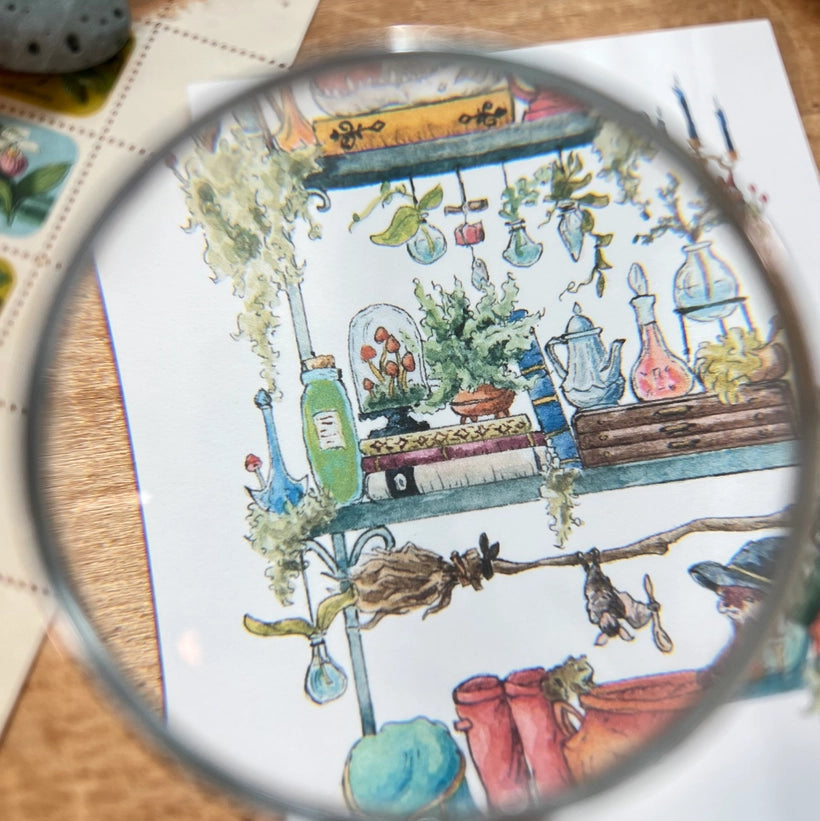 Postcard featuring my original watercolor and ink illustration of the oddities, books, tools, and trinkets tucked away in the shelves of a swamp witch, including an assortment of creatures brewing up a potion, and an alligator skull holding a crystal ball.