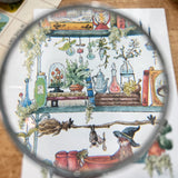 Postcard featuring my original watercolor and ink illustration of the oddities, books, tools, and trinkets tucked away in the shelves of a swamp witch, including an assortment of creatures brewing up a potion, and an alligator skull holding a crystal ball.